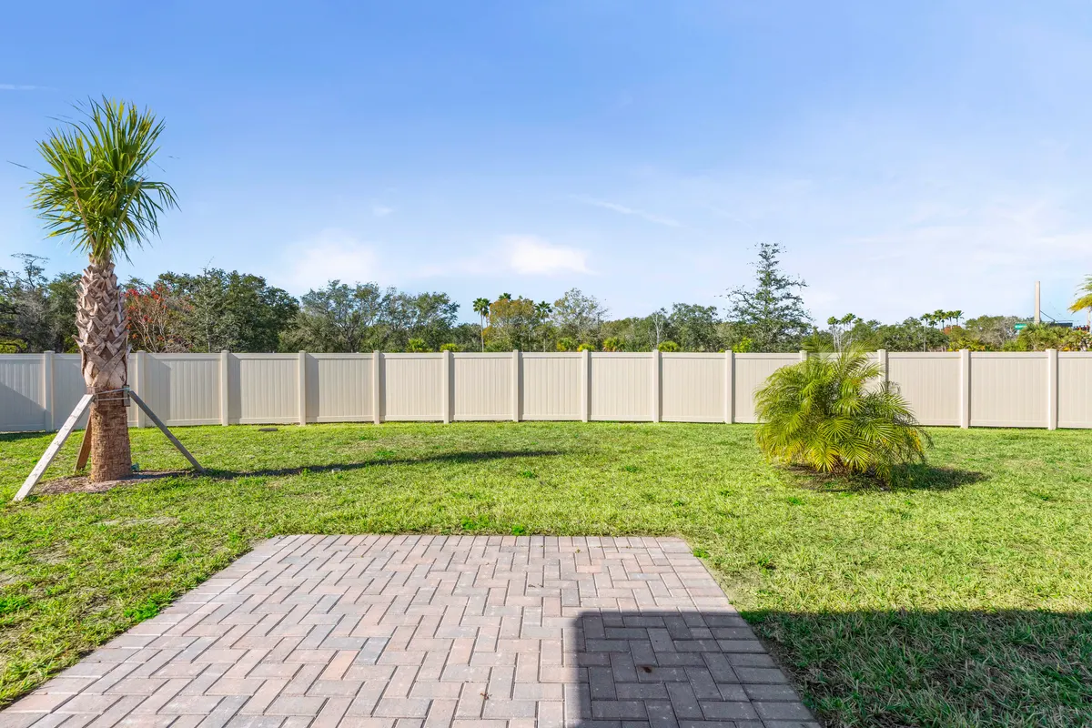 Fenced back lawn with a paver patio and two palms