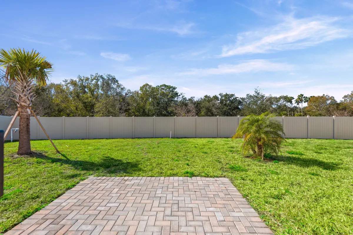 Fenced back lawn with a paver patio and two palms