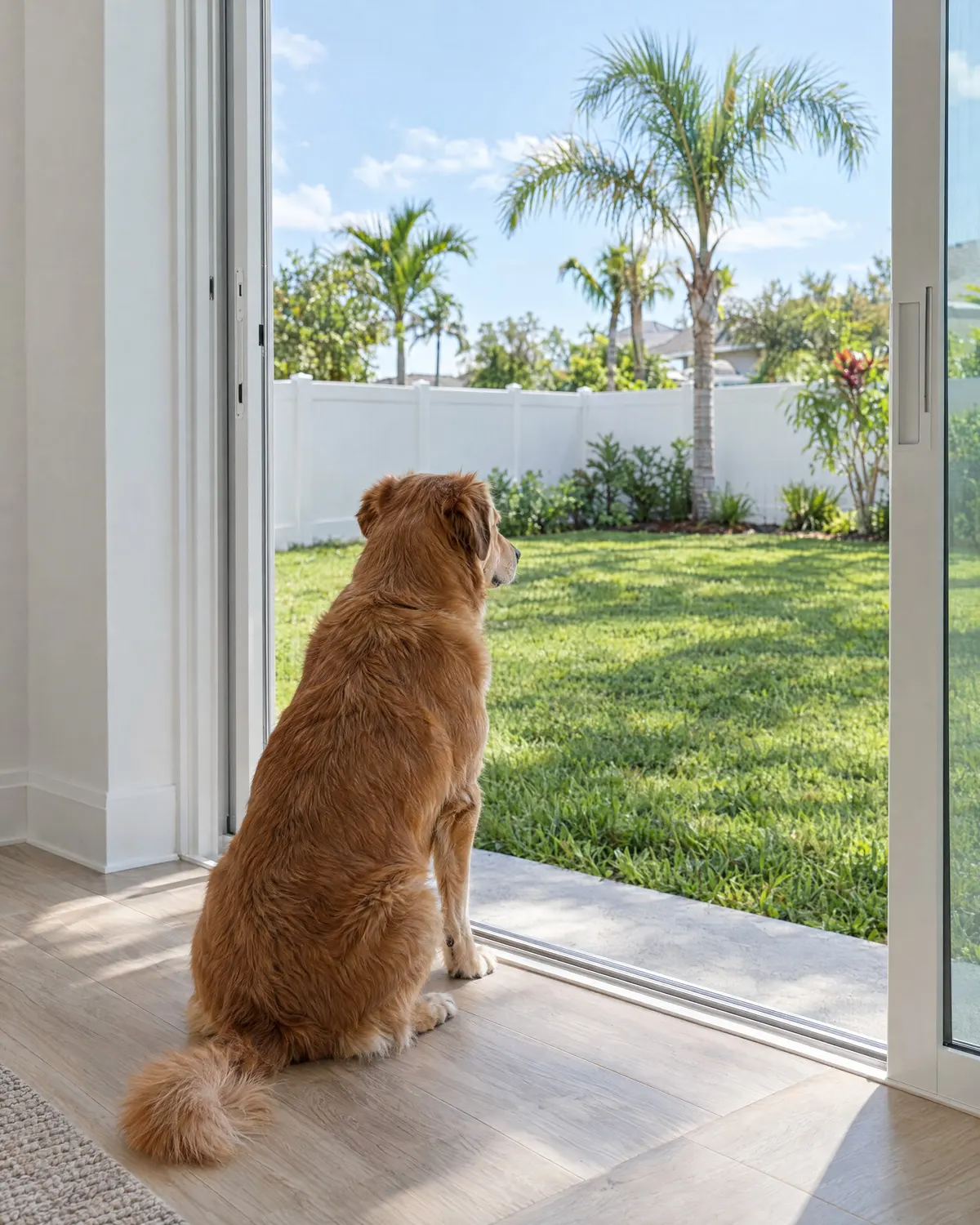 A golden retriever sitting at an open sliding door, looking out at a fenced backyard