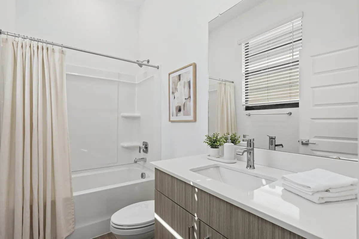 Maple hall bathroom with an ivory shower curtain drawn back from the tub, a framed abstract print above the toilet, and a vanity with a soap tray, a small plant and folded towels. Virtually staged.